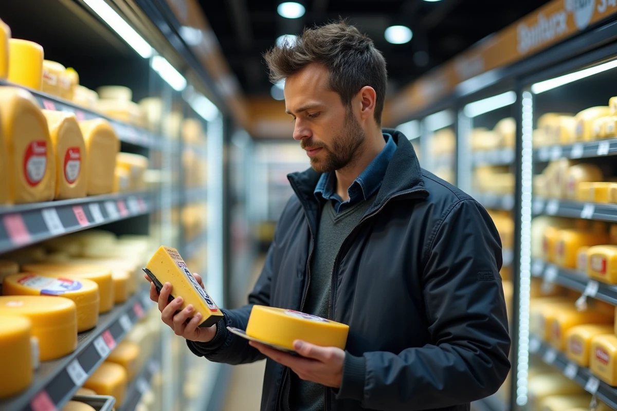 Consommateur comparant des paquets de Beaufort en supermarché pour trouver le meilleur prix au kilo