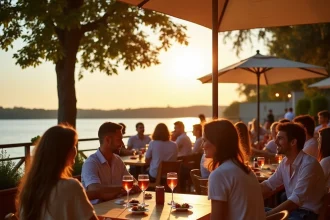 Terrasse animée d'un restaurant au bord du Lac de Bordeaux lors d'un afterwork avec verres de rosé et petites assiettes apéritives