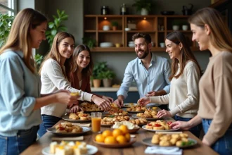 Groupe d'amis autour d'un repas convivial à la maison