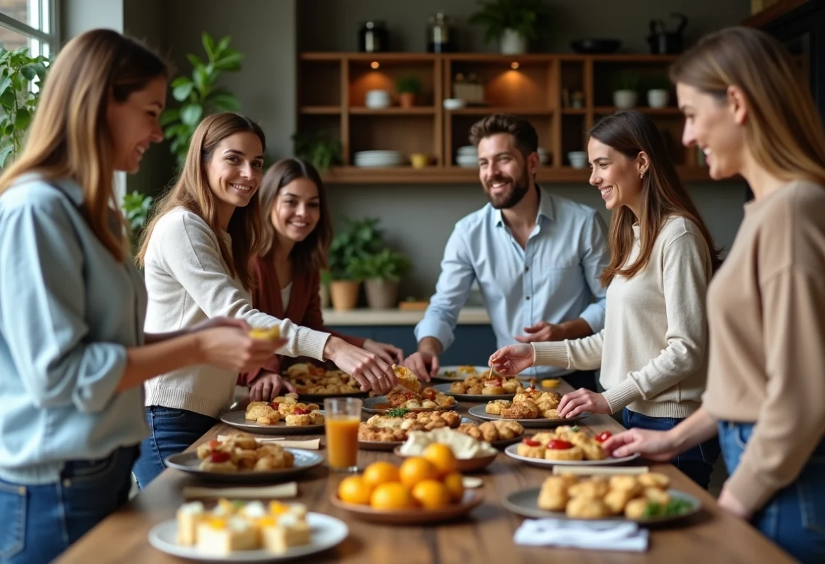 Groupe d'amis autour d'un repas convivial à la maison