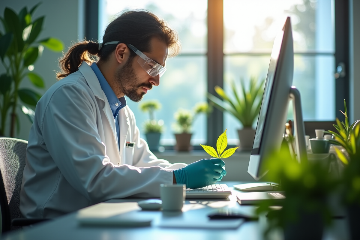 Scientifique analysant des feuilles en laboratoire moderne