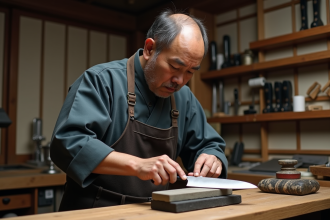Artisan japonais affûtant un couteau traditionnel avec pierre