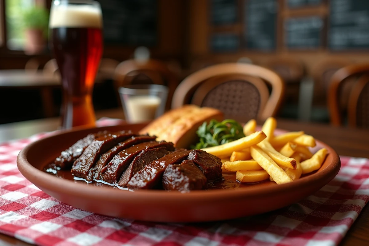 Assiette de carbonnade flamande ch'ti servie dans un bistrot du Nord avec frites dorées, pain d'épices et bière brune belge