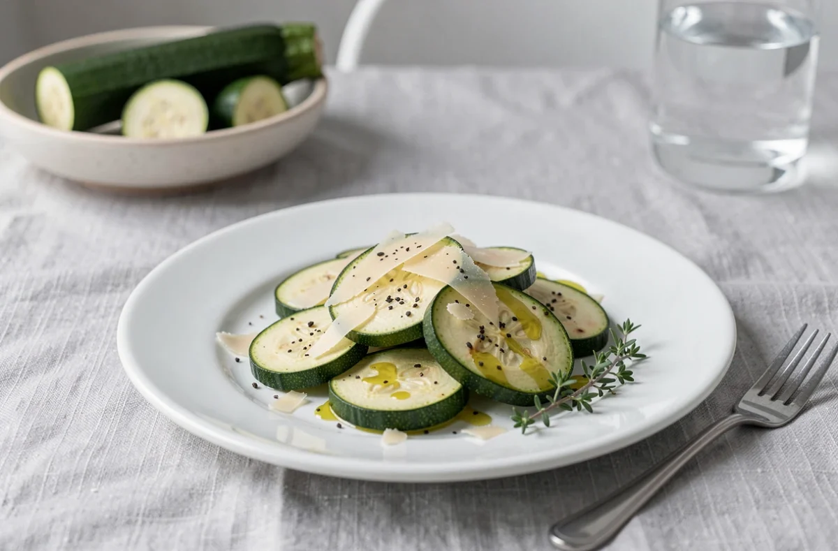 Assiette de courgettes poêlées garnies de parmesan et d'herbes fraîches sur une table scandinave minimaliste