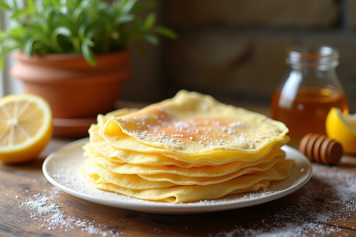 Assiette de crêpes dorées préparées sans repos avec miel et citron sur une table en chêne rustique