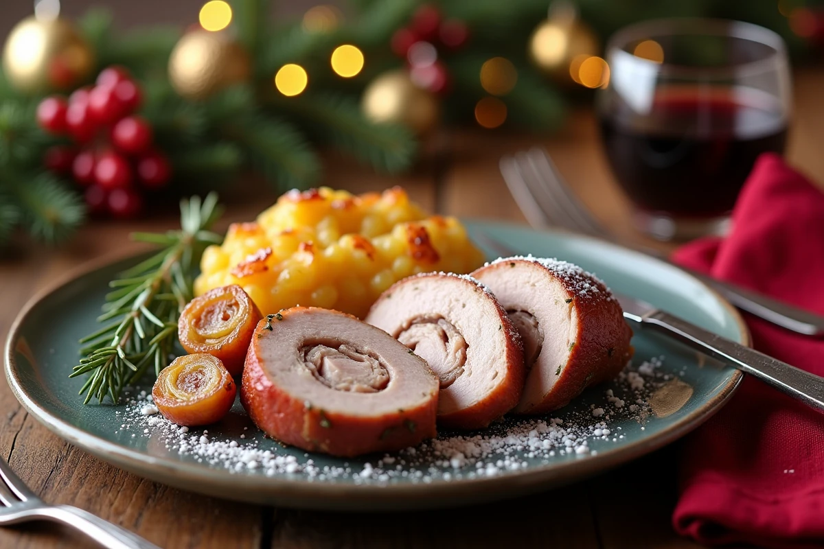 Assiette de crépinettes de porc tranchées avec gratin doré et garniture festive de Noël sur table élégamment dressée