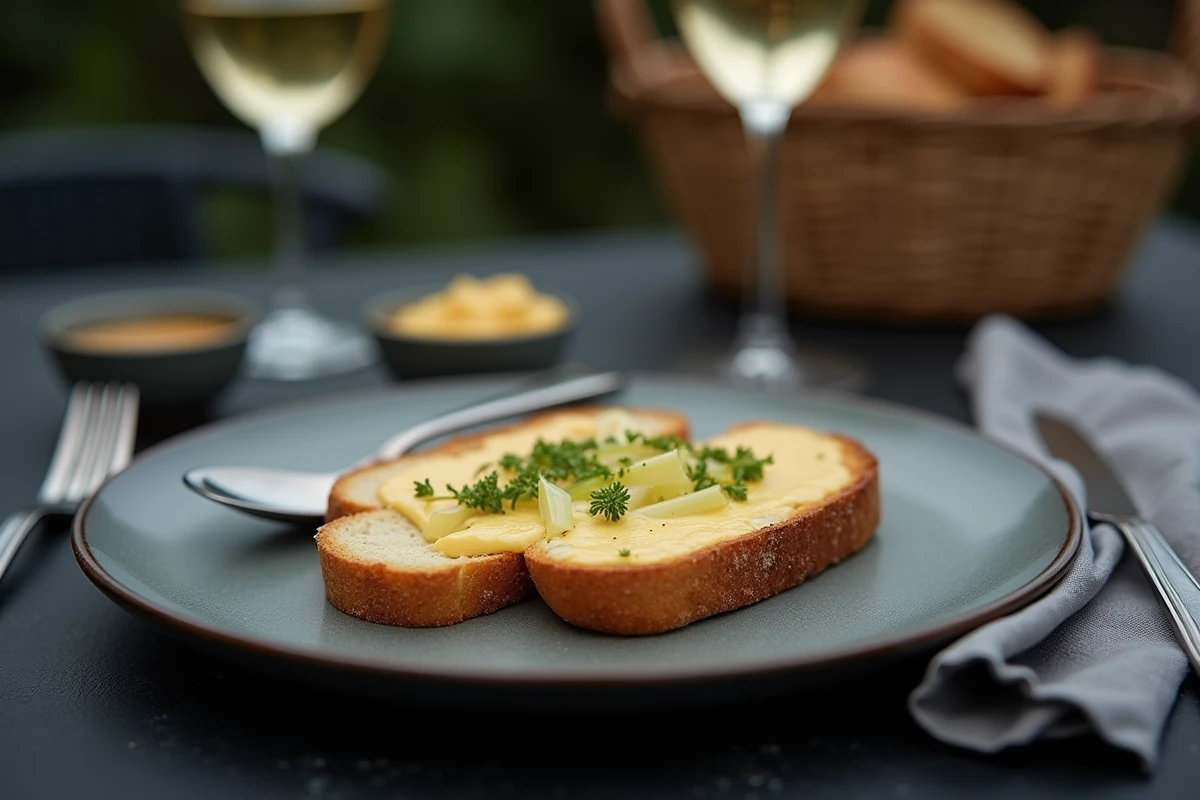 Assiette de fondue de poireaux sur toast de pain de campagne, servie avec moutarde de Dijon et verre de vin blanc sur table en ardoise
