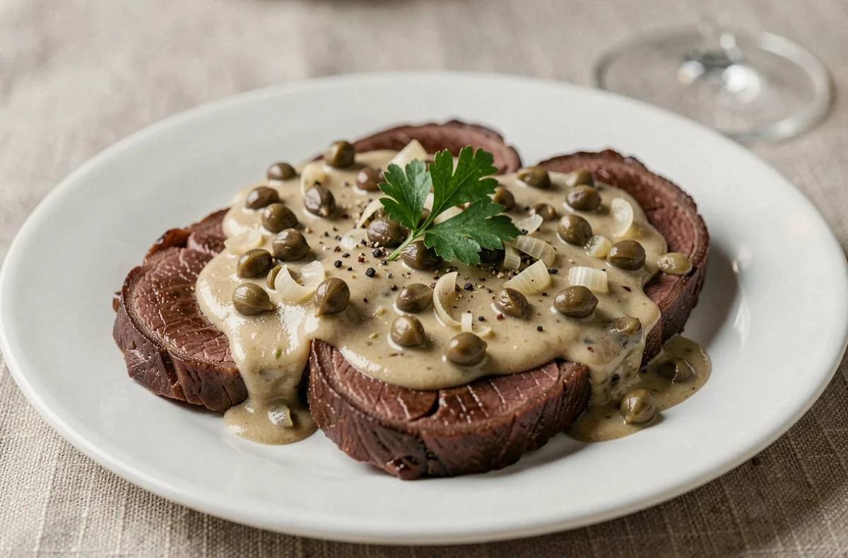 Gros plan sur deux tranches de langue de bœuf braisée nappées d'une sauce aux câpres et échalotes sur une assiette blanche