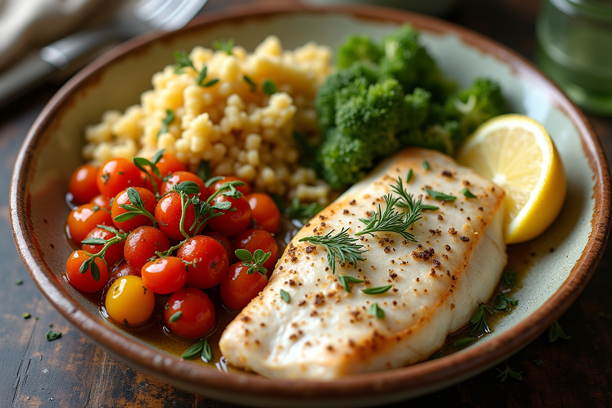 Assiette rustique avec sides méditerranéens et poisson blanc