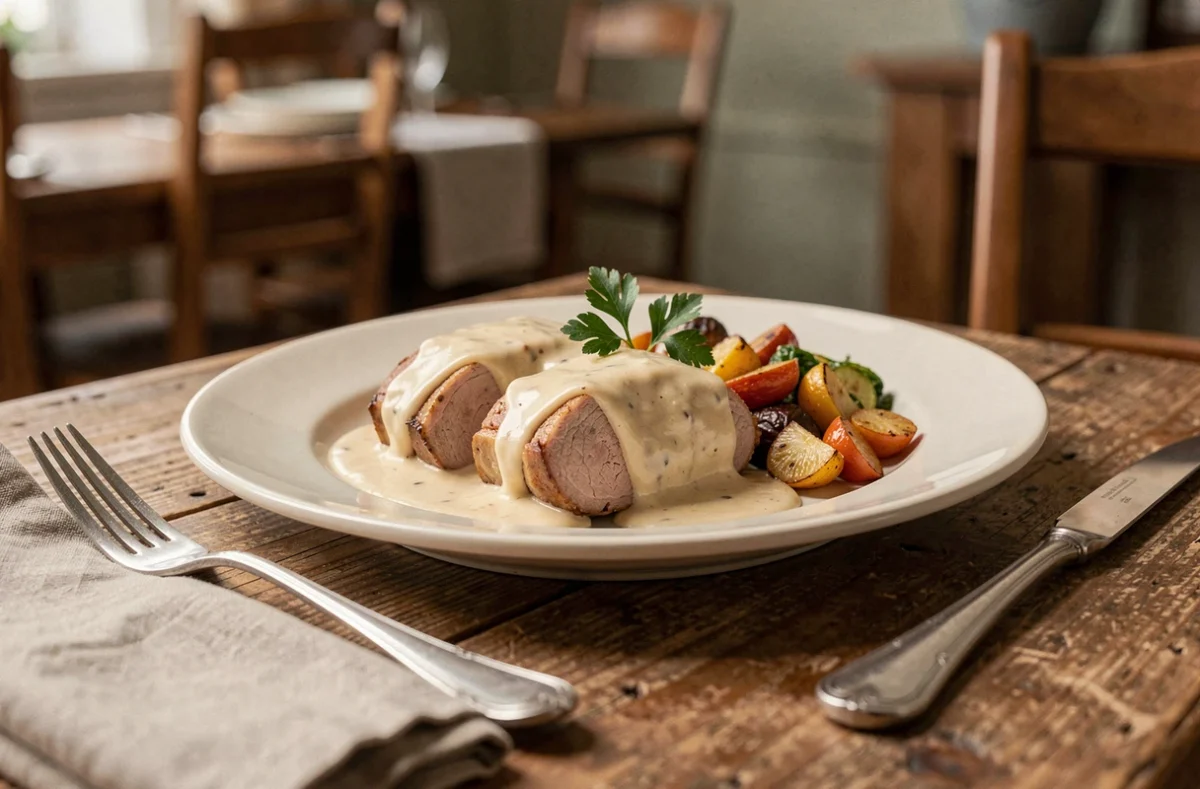 Assiette de paupiette de porc tranchée nappée de sauce à la crème avec garniture de persil