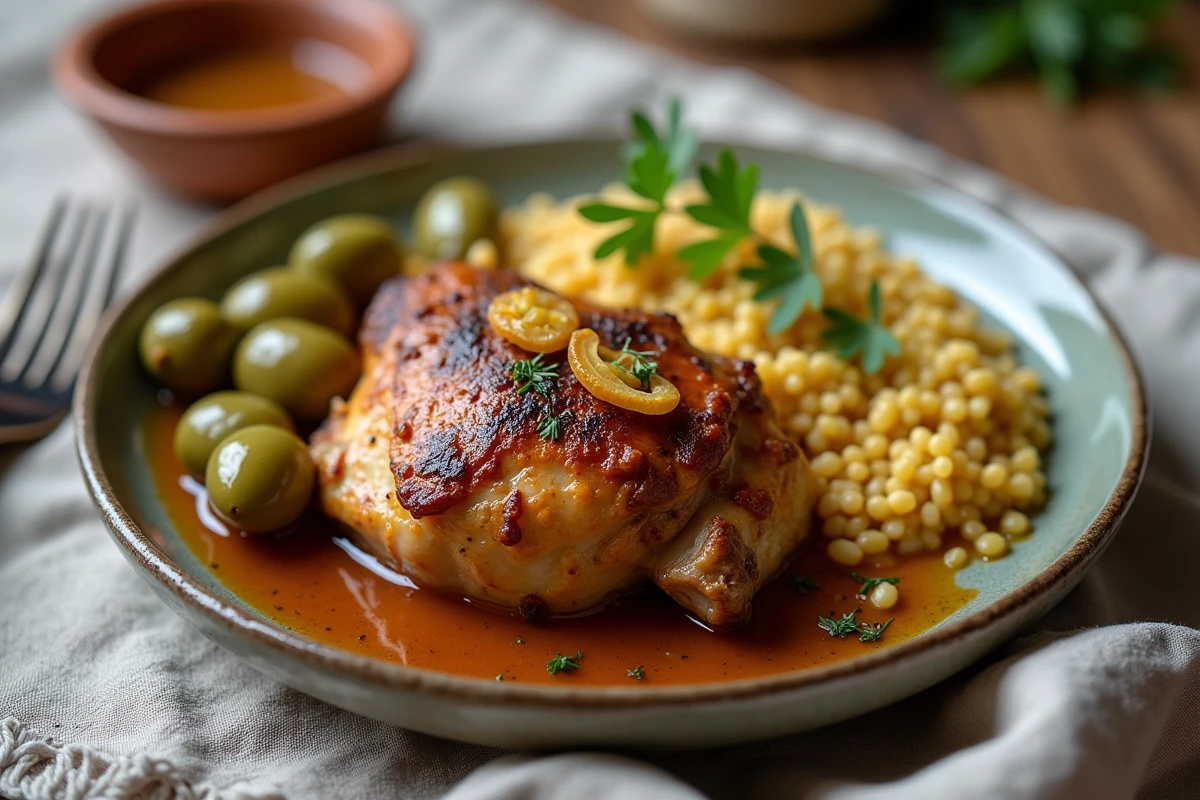 Assiette de cuisse de poulet façon tajine au Cookeo, avec olives, citron confit et couscous, vue en plongée légère