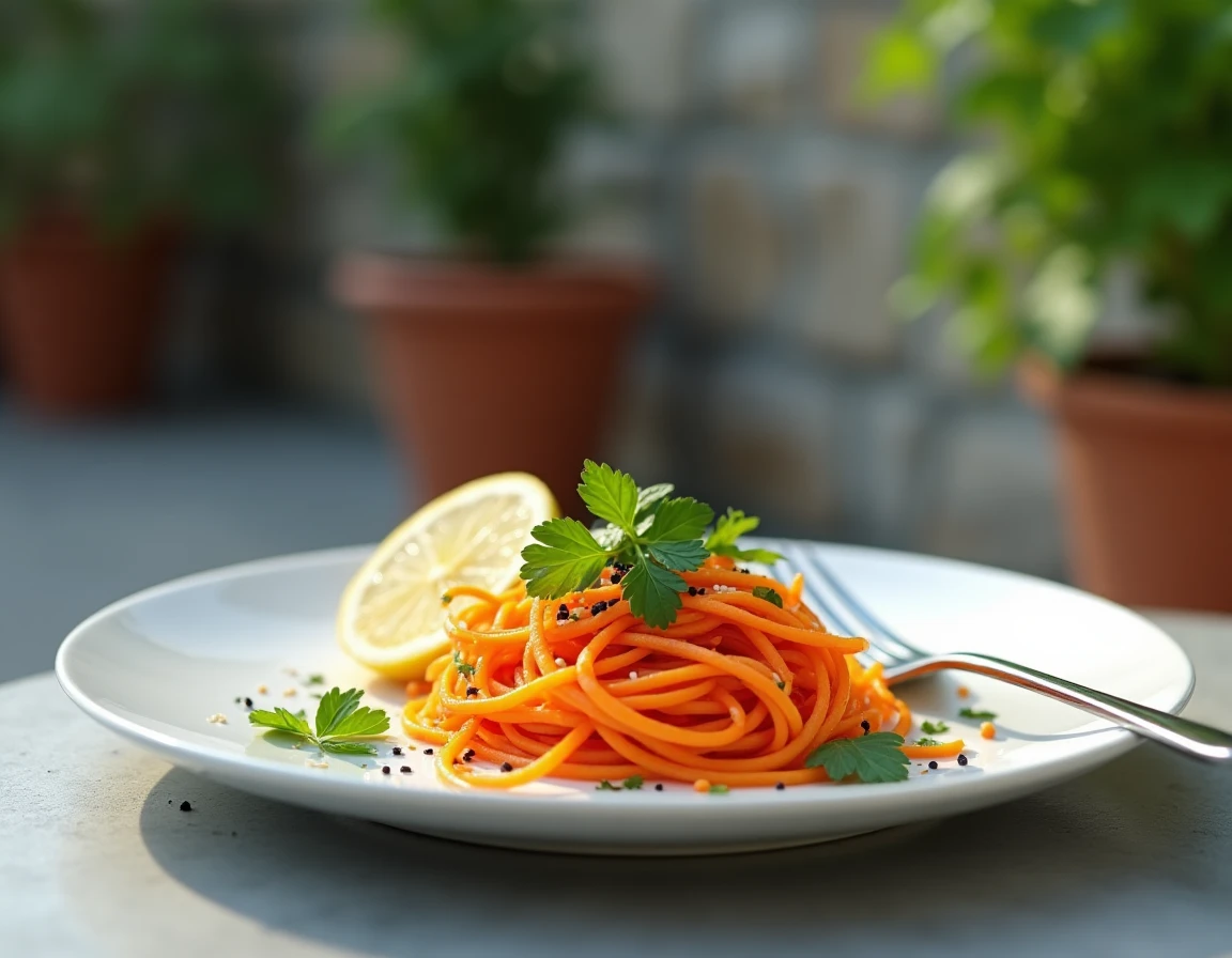 Assiette de salade de carottes râpées garnie de citron et coriandre servie en terrasse