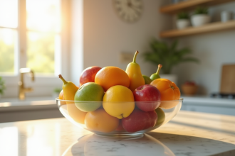 Assortiment de fruits frais dans un bol sur un plan de travail lumineux
