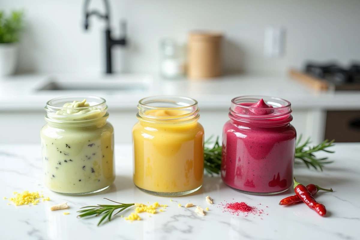 Assortiment de mayonnaises maison aux saveurs variées dans des petits pots en verre sur un plan de travail en marbre