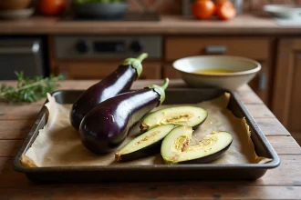 Tranches d'aubergines badigeonnées d'huile d'olive sur une plaque de cuisson prête à passer au four
