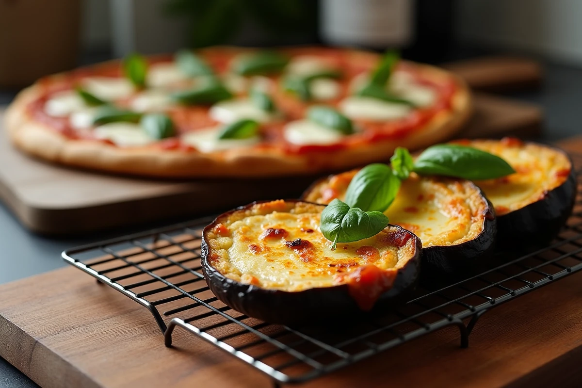 Aubergines rôties au four dorées et caramélisées sur une grille, à côté d'une pizza maison garnie