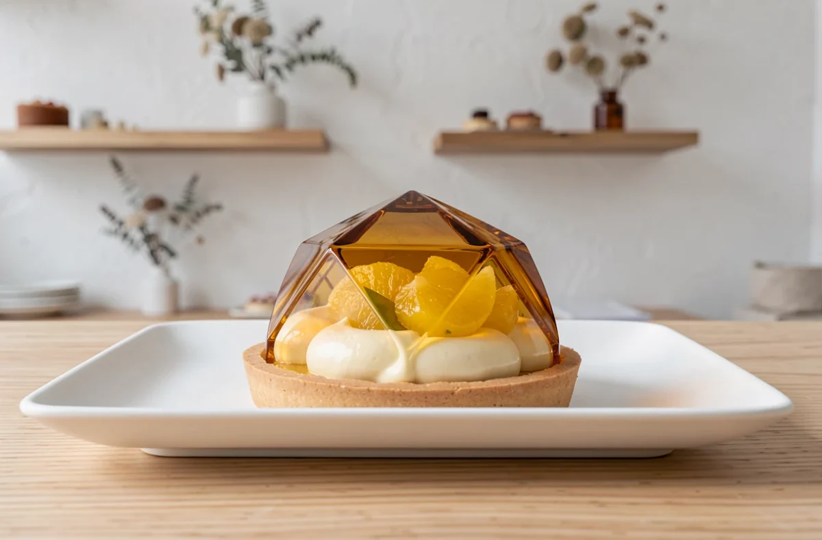 Tarte contemporaine d'Aurélien Cohen avec dôme en sucre caramélisé et crème yuzu, inspirée de la pâtisserie française moderne