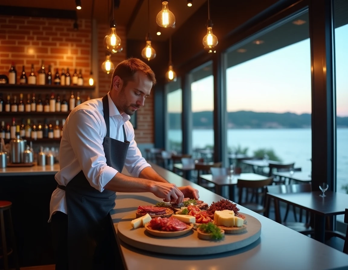Barman préparant un plateau apéritif dans le bar intérieur d'un restaurant au bord du Lac de Bordeaux avec vue panoramique sur l'eau