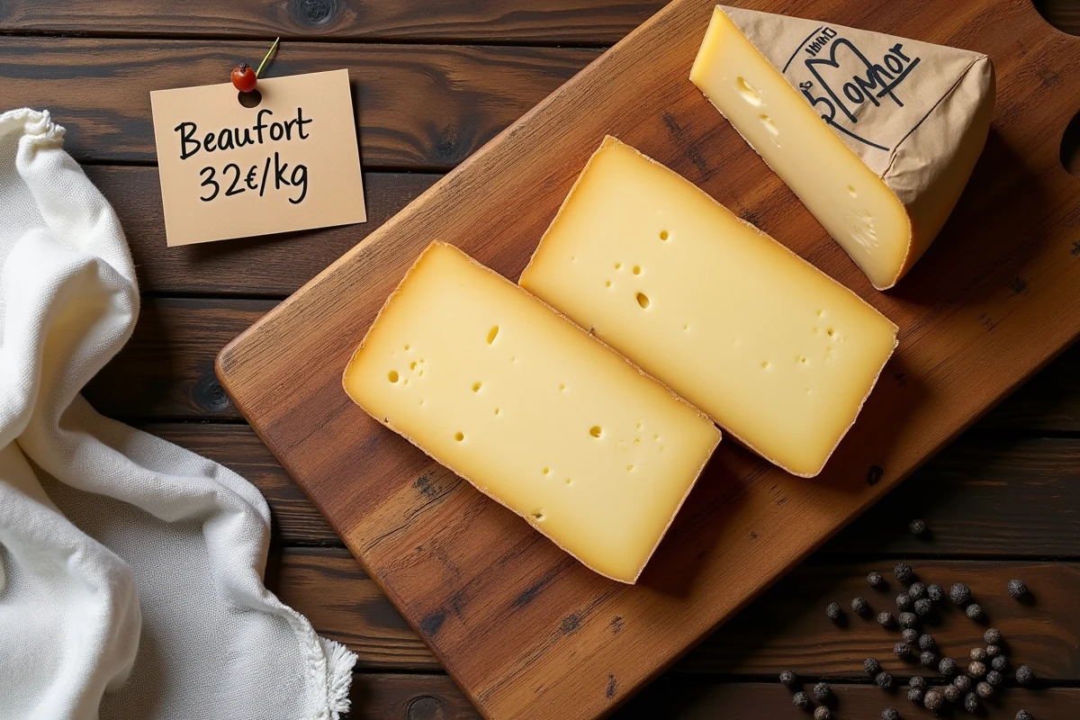 Morceau de Beaufort affiné avec étiquette de prix artisanale sur planche en bois, vue du dessus