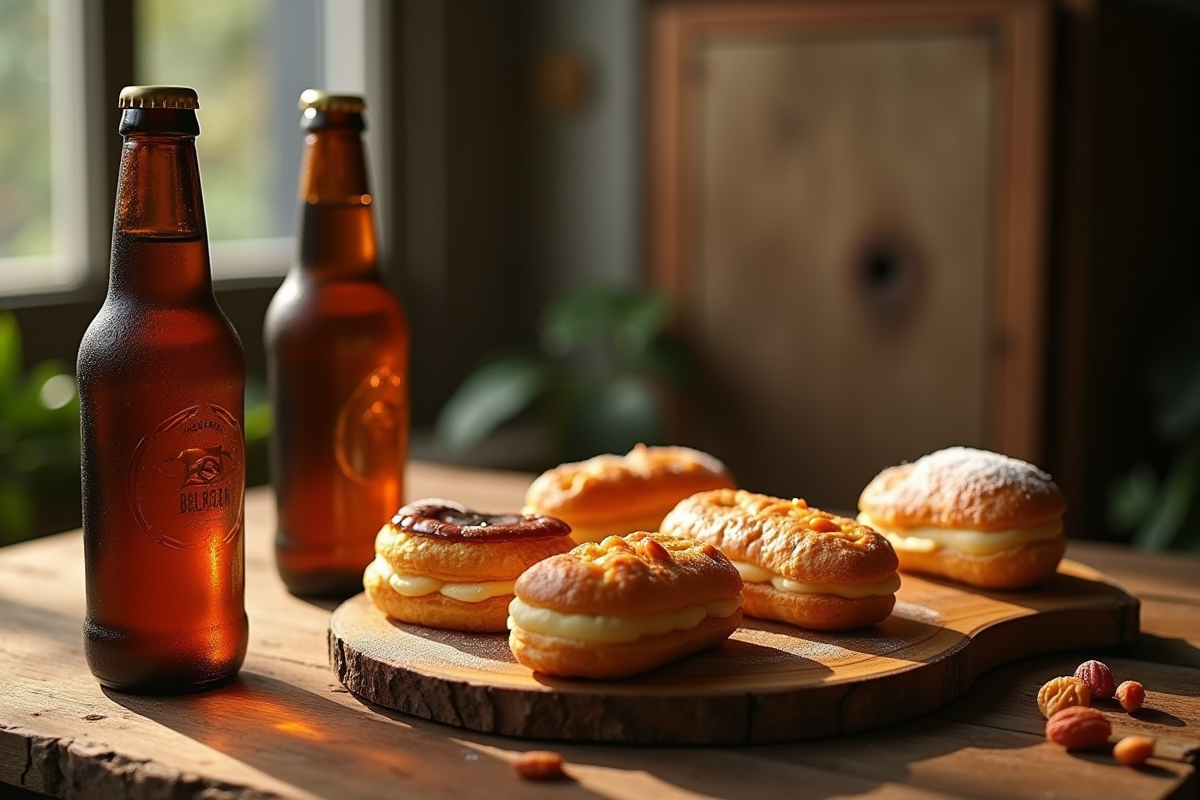 Table rustique avec bières belges et pâtisseries dorées