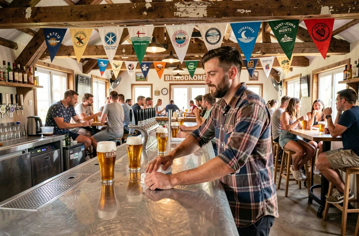 Intérieur animé du Bièrodrome à Saint-Jean-de-Monts avec un long bar en zinc, des tireuses à bière et des clients en tenue estivale autour de tables hautes
