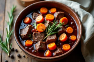 Bol en céramique rustique de boeuf carotte mijoté au vin rouge avec lardons et herbes aromatiques, vue de dessus