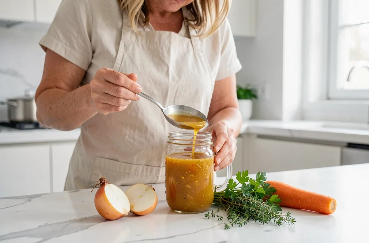 Femme versant un bouillon de légumes doré dans un bocal en verre sur un plan de travail en marbre blanc avec des herbes fraîches