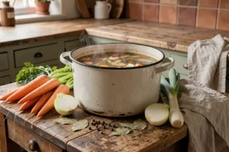 Bouillon de légumes maison mijotant dans une cocotte émaillée entourée de légumes frais sur une table de cuisine rustique