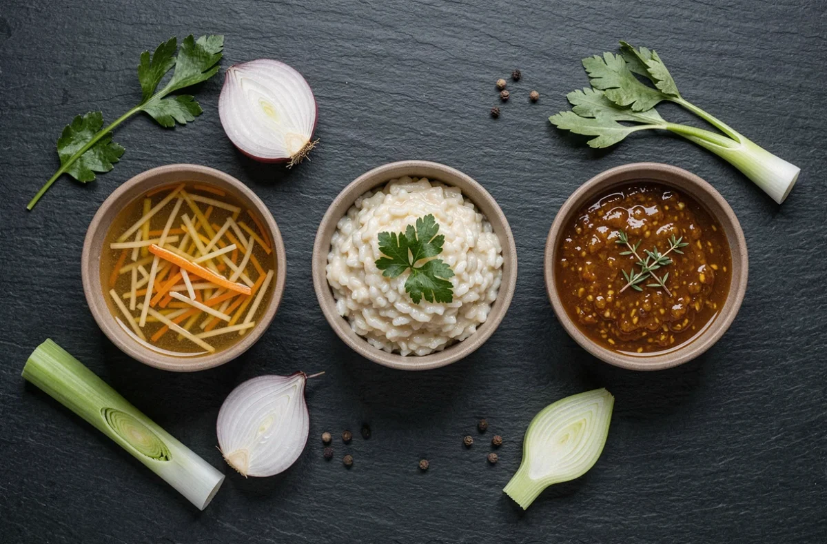 Vue de dessus de trois plats préparés avec un bouillon de légumes : soupe, risotto et sauce disposés sur une surface en ardoise sombre
