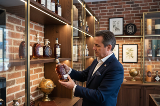 Vendeur français en boutique de spiritueux élégante