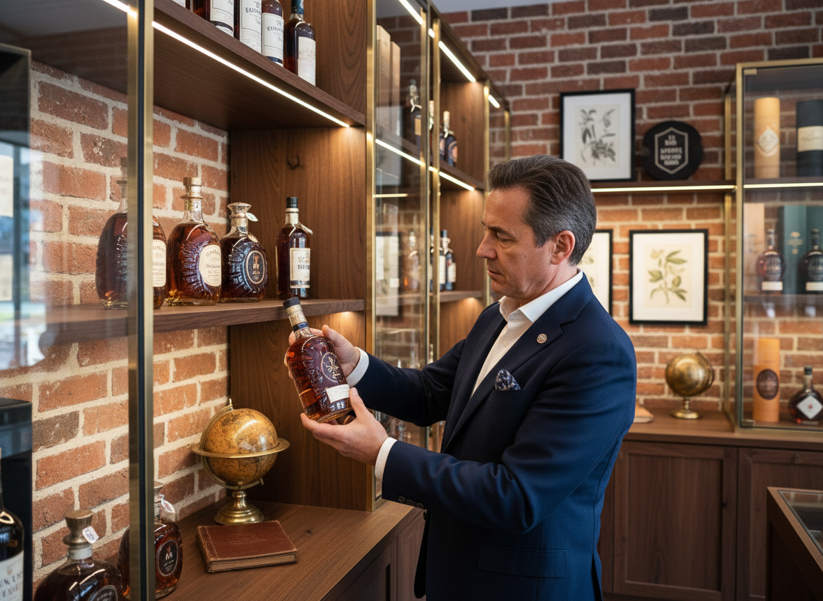 Vendeur français en boutique de spiritueux élégante