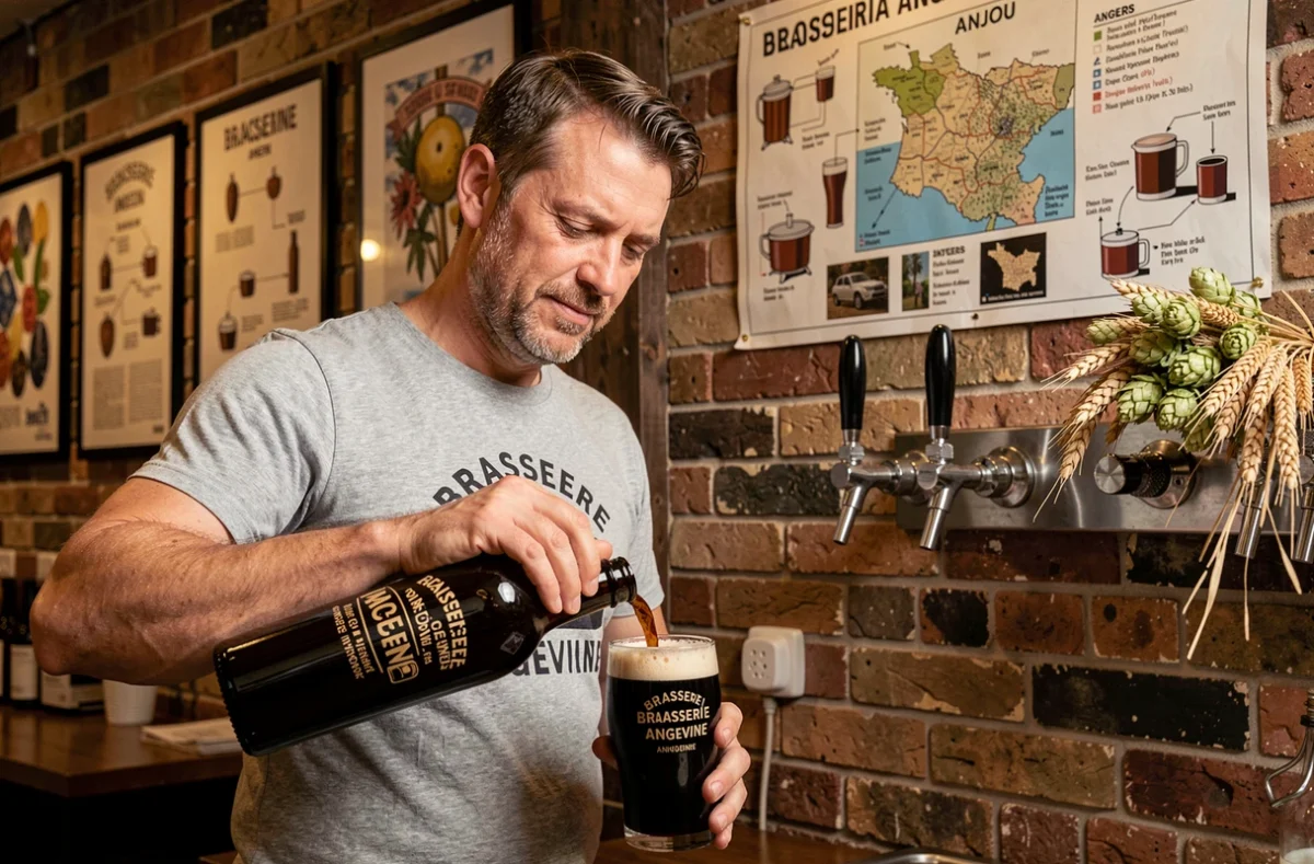 Brasseur angevin versant une bière brune artisanale dans un verre brandé dans le bar de la Brasserie Angevine à Angers avec murs en brique apparente
