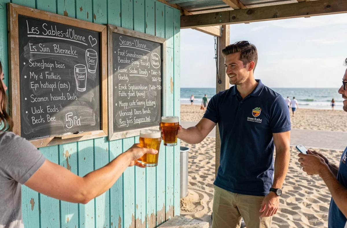 Kiosque brasserie de la Cabaude aux Sables-d'Olonne avec terrasse sur le sable, verres de bière givrés et vue sur l'océan Atlantique