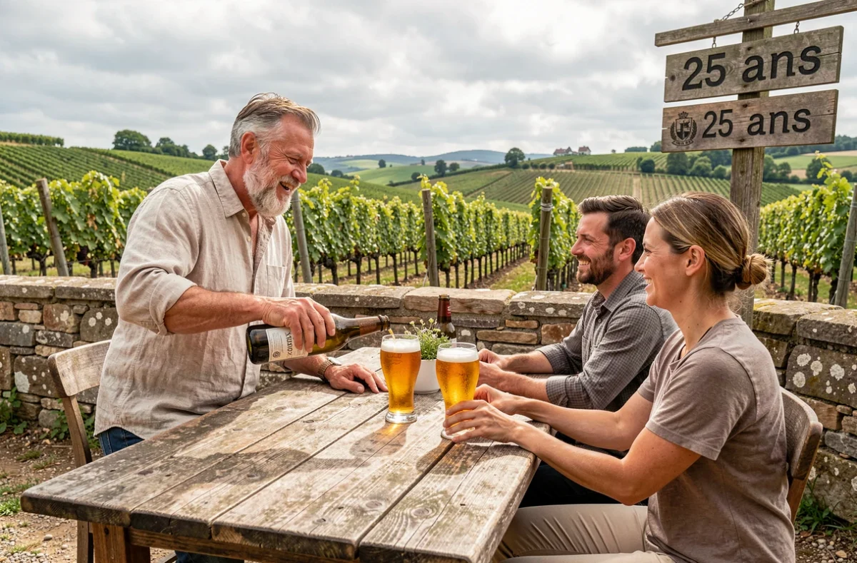Terrasse de dégustation de la Brasserie de la Divatte dans le vignoble nantais avec un verre de bière dorée et des rangées de vignes en arrière-plan