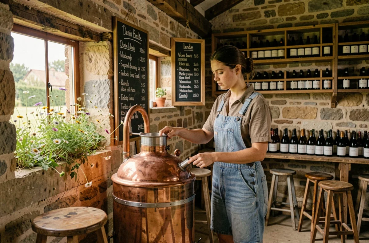 Jeune brasseuse de la Brasserie la Cibulle dans une microbrasserie en grange vendéenne inspectant une cuve en cuivre artisanale