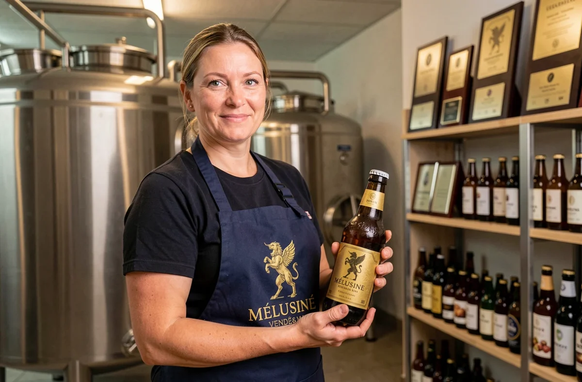Brasseuse de la Brasserie Mélusine en Vendée tenant une bouteille de bière primée devant des cuves en inox