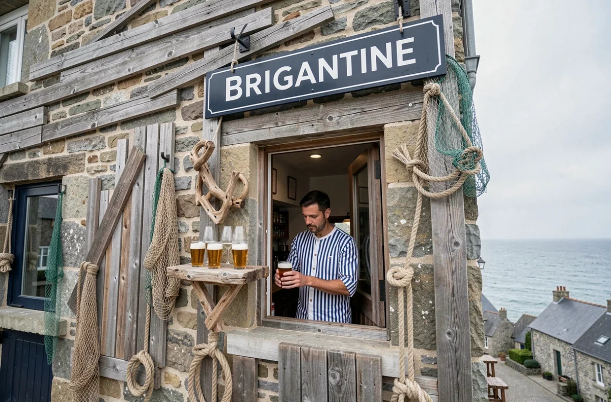 Façade nautique de la Brigantine Brasserie de la Côte de Jade à Pornic avec décoration maritime et vue sur les toits de la ville côtière