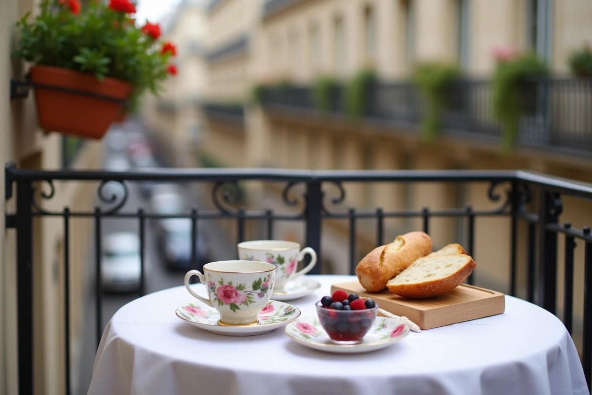Table de brunch chic et économique pour deux sur un balcon parisien avec baguette, confiture de figues et baies fraîches
