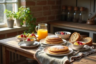 Brunch maison chic et pas cher étalé sur une table en bois rustique avec pancakes, fruits frais et jus d'orange