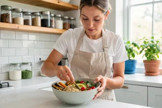 Femme préparant un Buddha bowl coloré et équilibré dans une cuisine moderne avec des légumes frais et du quinoa