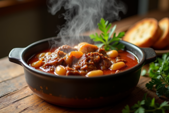 Bol de carbonade flamande chaud sur table en bois