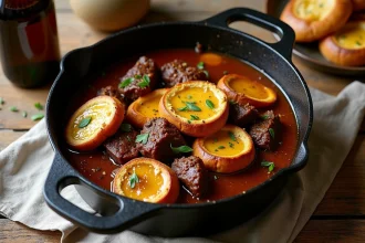 Carbonnade flamande ch'ti mijotée en cocotte en fonte avec des tranches de pain d'épices moutardées sur une table en bois rustique