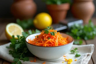 Bol de carottes râpées au citron et herbes fraîches sur une table en bois rustique, vue de dessus