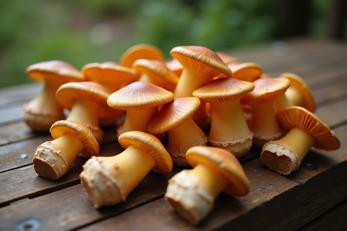 Champignons chanterelles frais sur une table en bois naturel