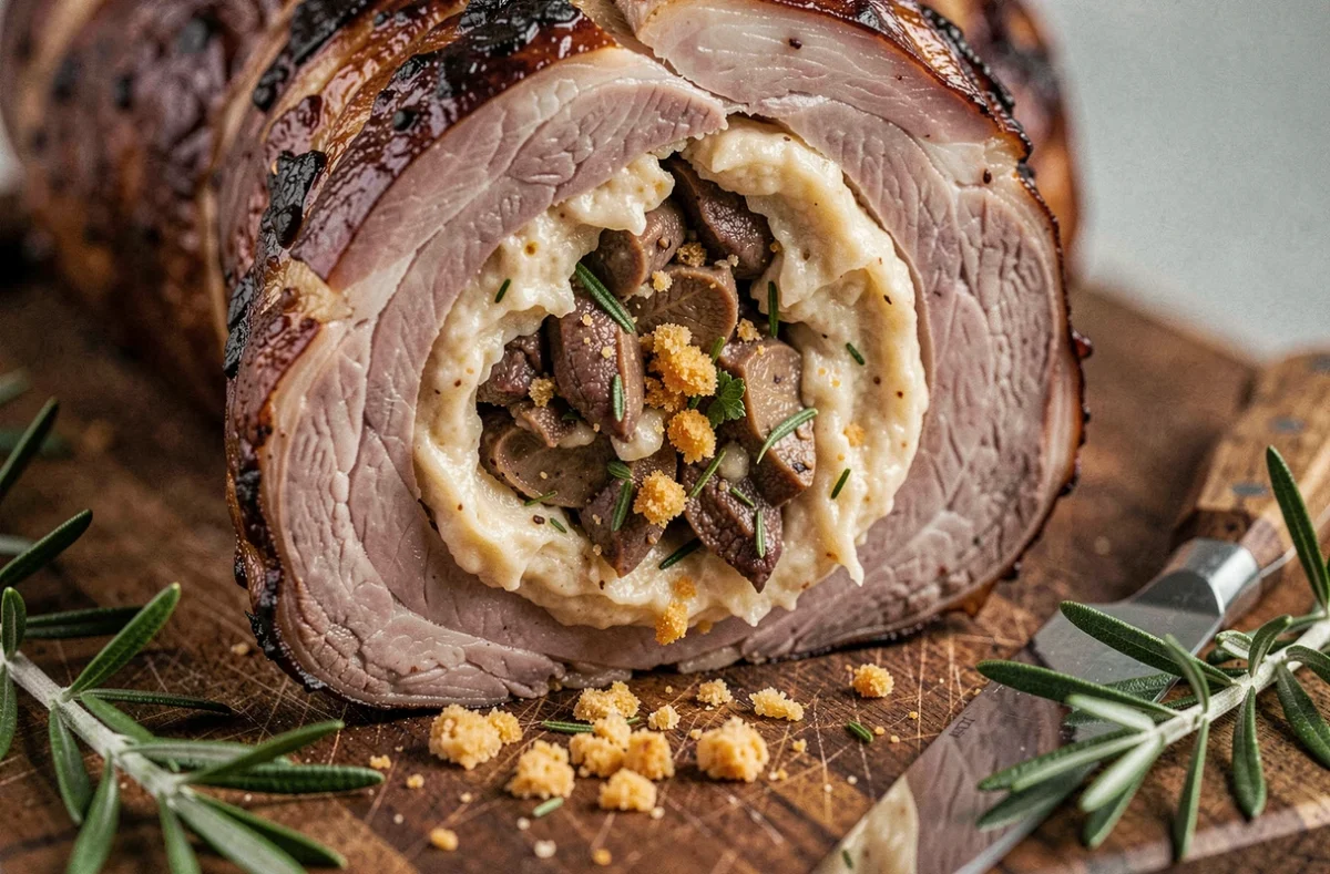 Chapon farci tranché sur planche en bois révélant une farce aux marrons et foie gras pour les fêtes de Noël