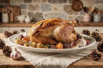 Chapon rôti entier doré sur un plat en céramique blanc entouré de légumes caramélisés et d'herbes fraîches pour le repas de Noël