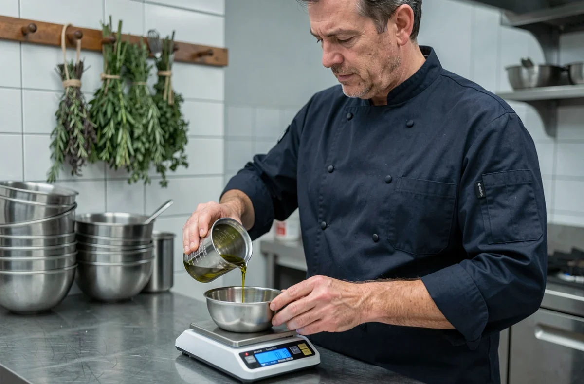 Chef en cuisine professionnelle versant de l'huile d'olive dans un bol sur une balance pour convertir les mesures liquides en grammes