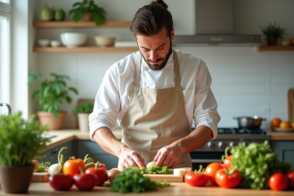 Chef en cuisine moderne avec un tablier en coton et légumes frais