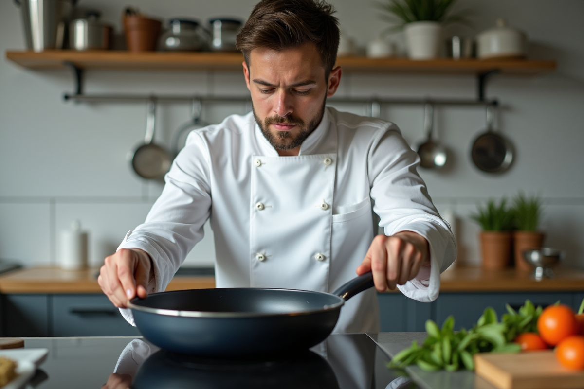 Jeune chef montrant la sécurité sur la plaque de cuisson