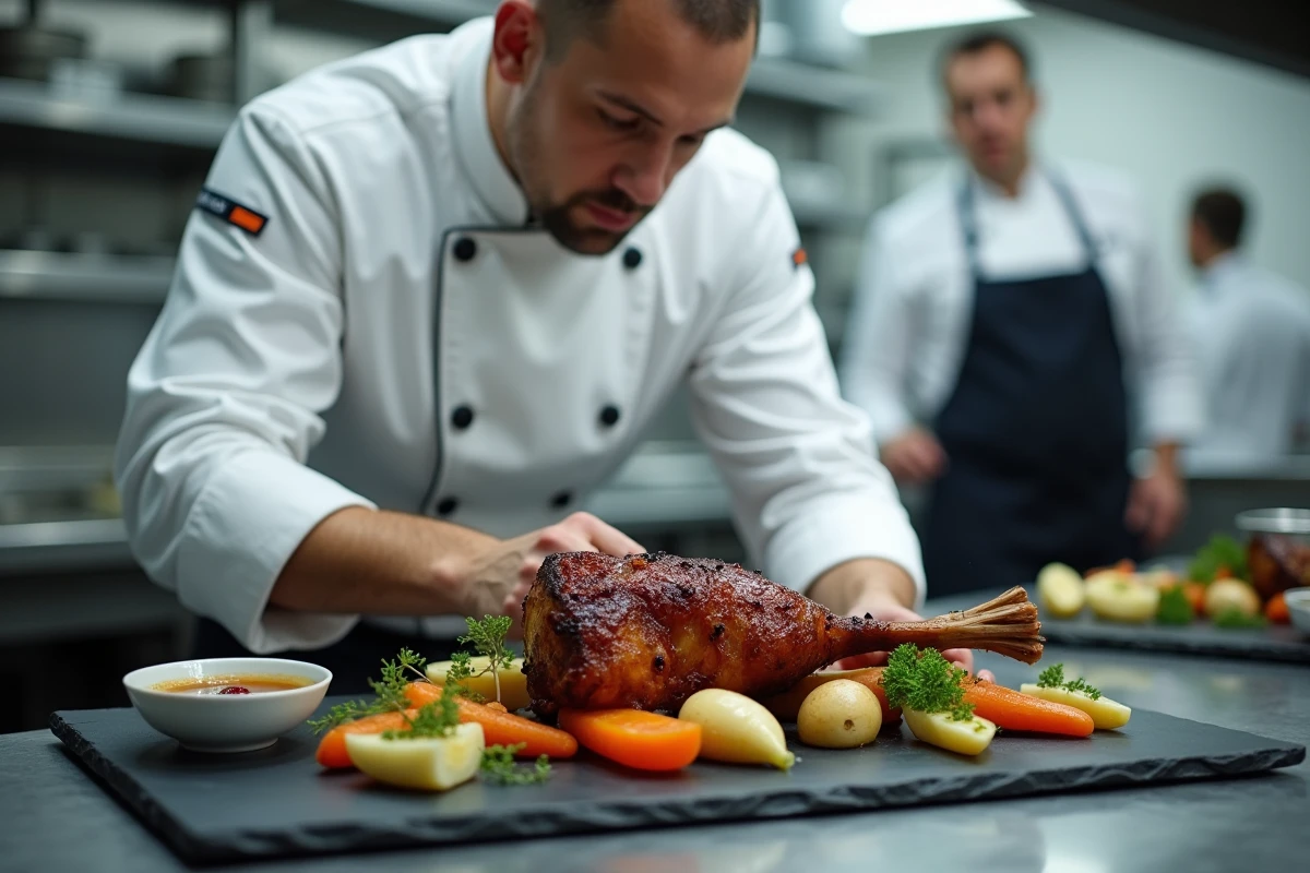 Chef cuisinier dressant un confit de canard avec des légumes racines rôtis dans une cuisine de restaurant professionnelle